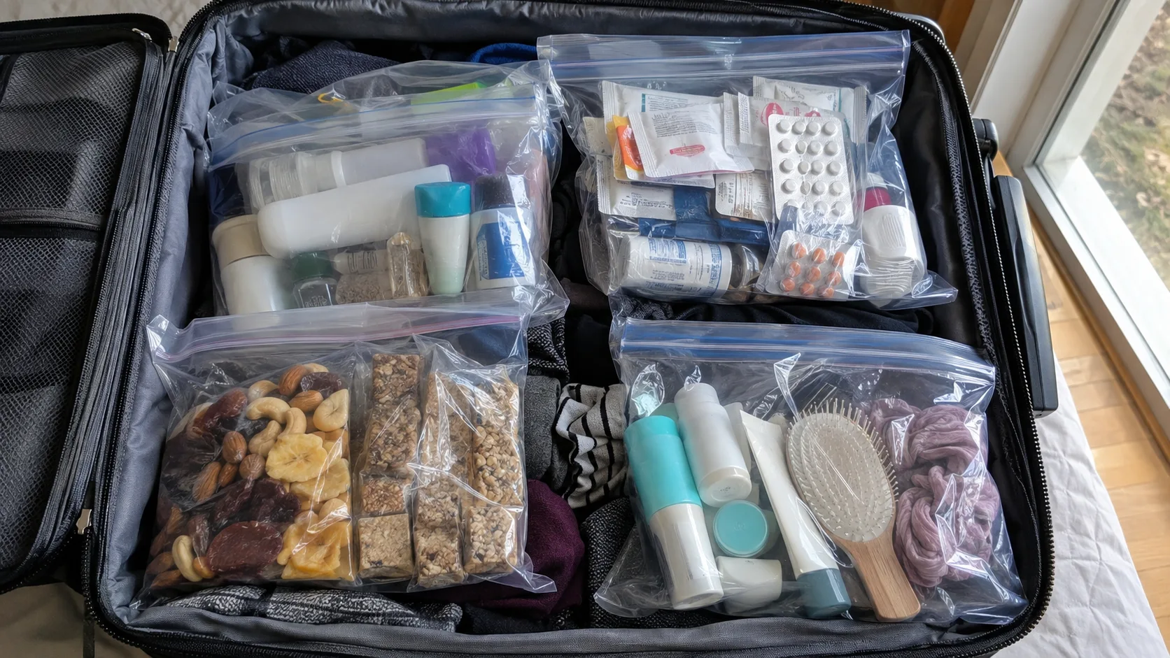 Resealable bags organizing small toiletries and snacks in an open suitcase.