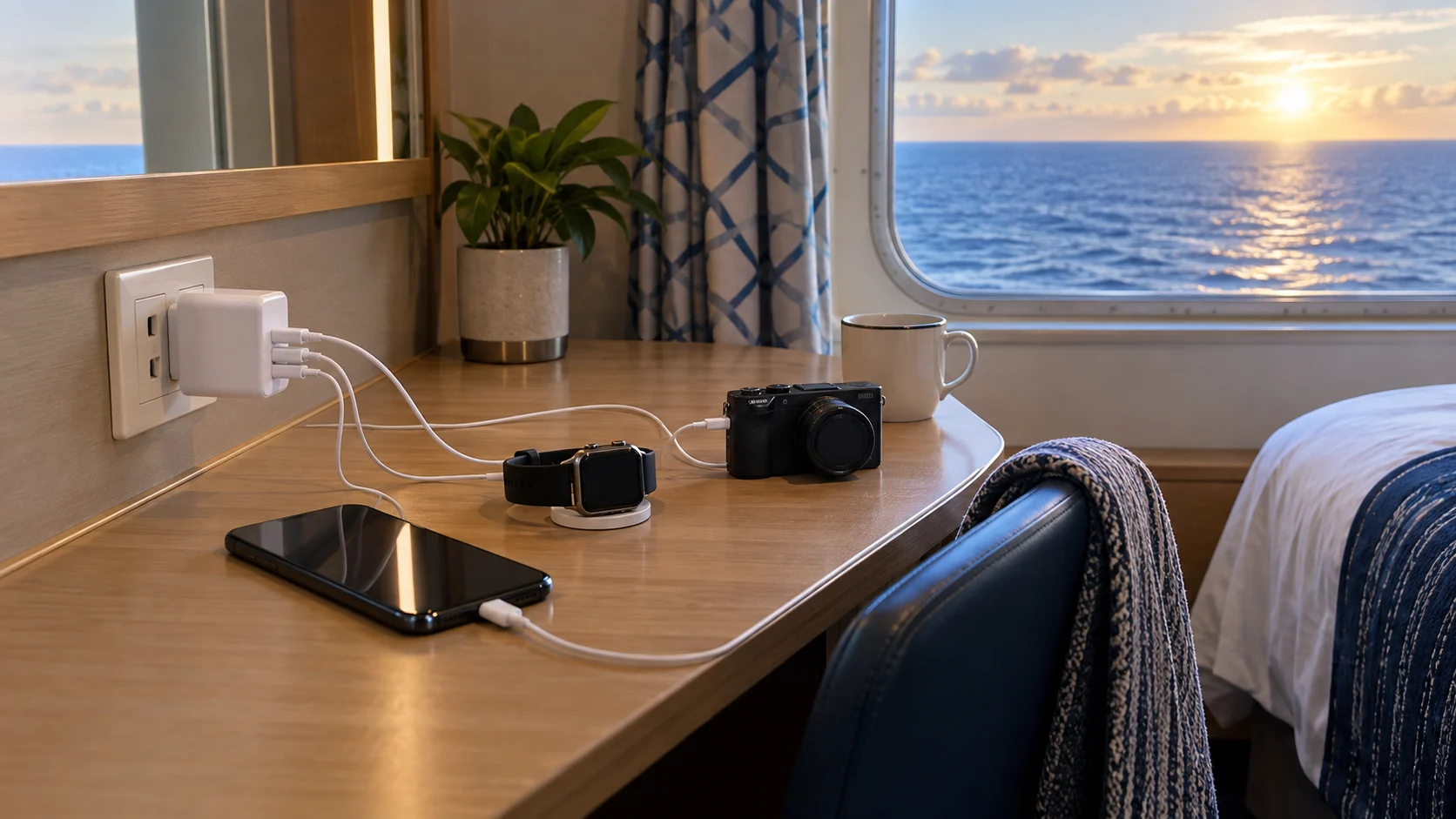 Multiport USB charger powering several devices on a cruise cabin desk.