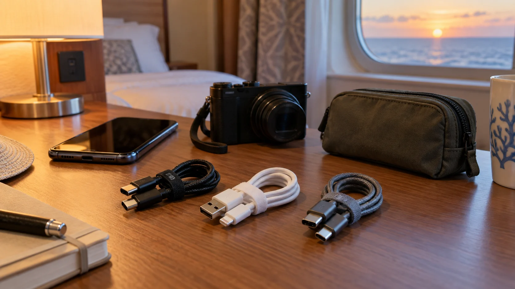 Short durable charging cables neatly coiled beside a phone and camera.