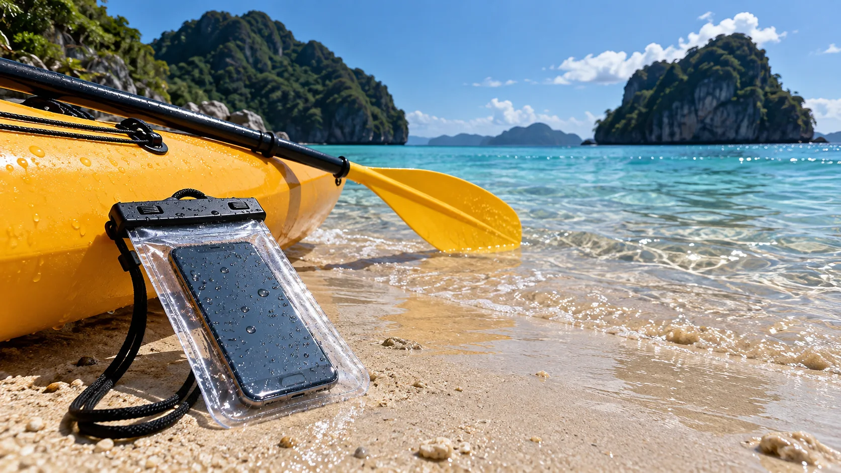Waterproof phone pouch resting beside a tropical shore excursion kayak.