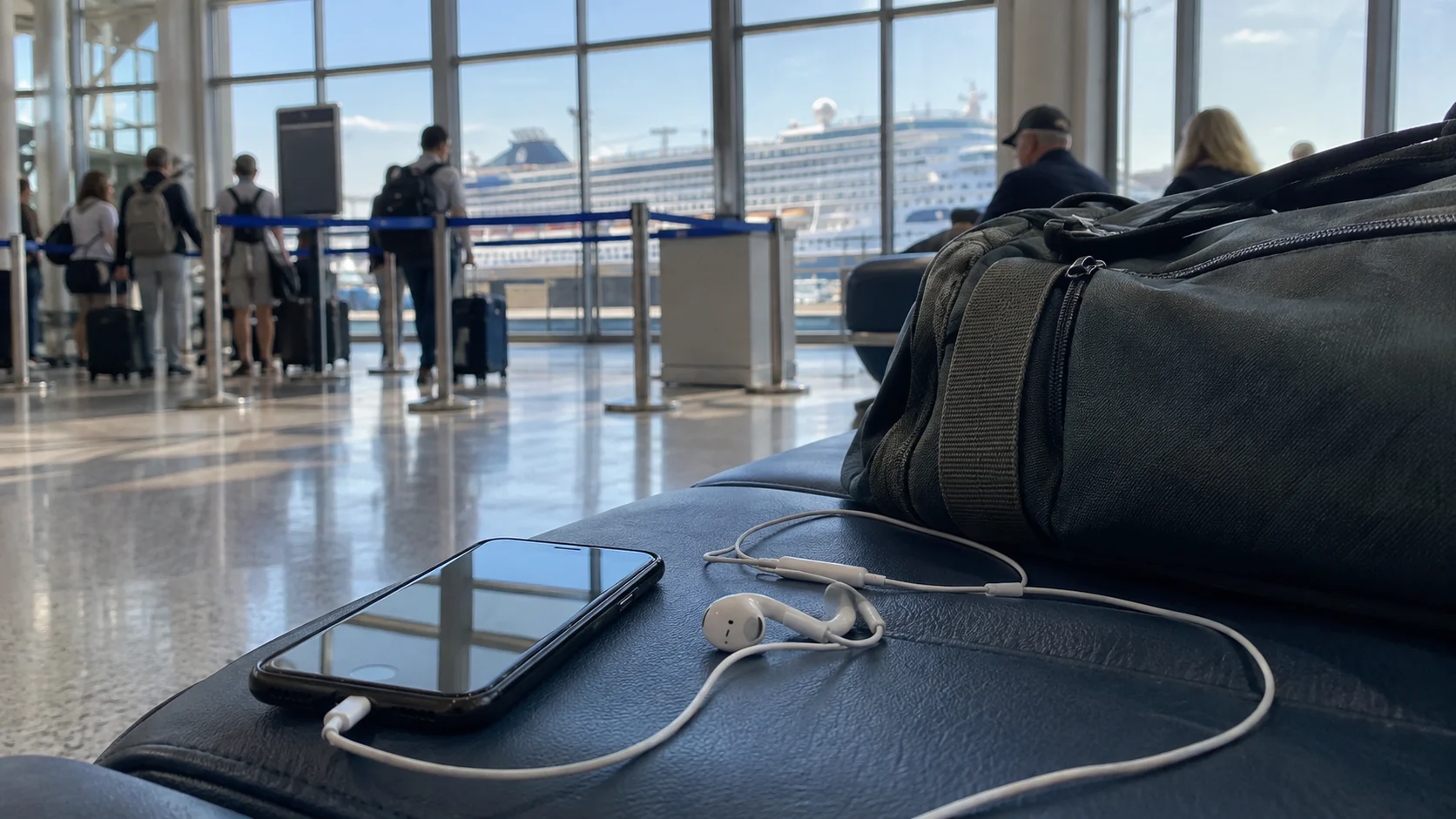 Wired headphones connected to a phone beside an airplane-style travel bag.