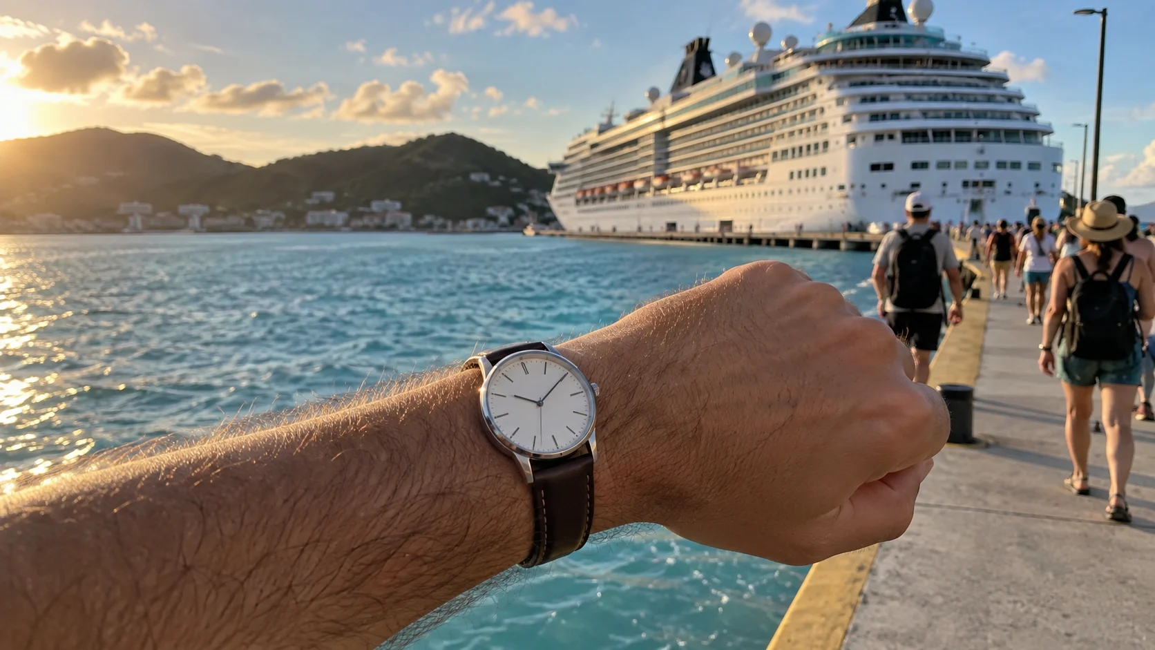 Traveler checking a simple wristwatch while walking back toward a cruise ship.