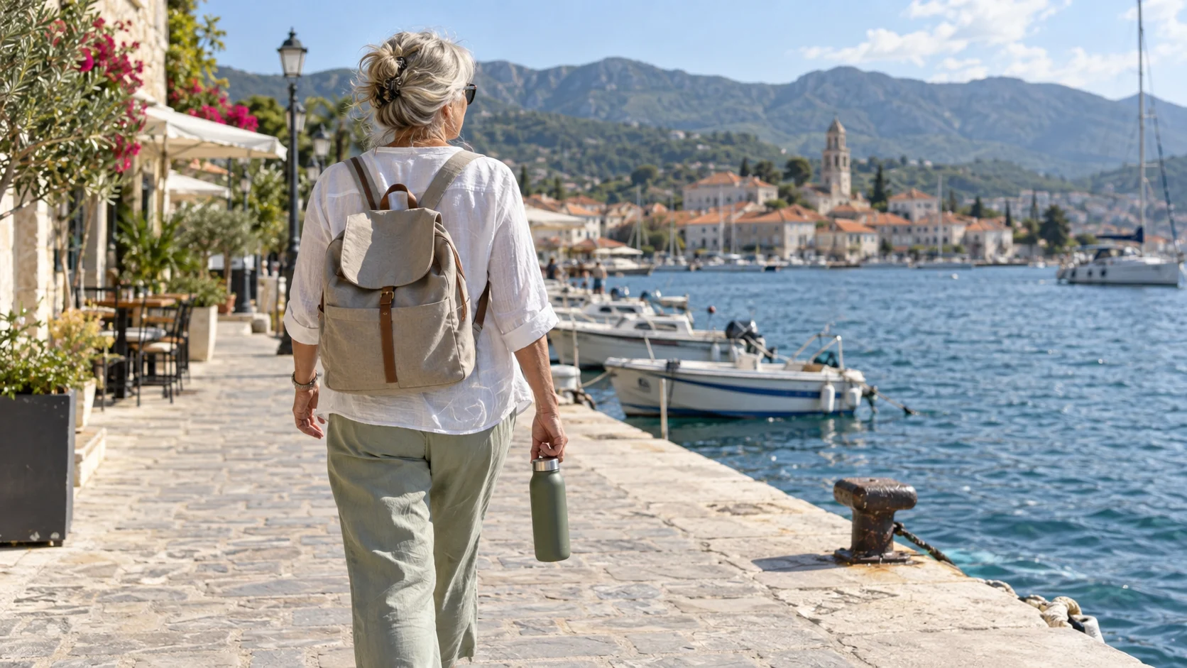 Reusable water bottle carried along a scenic seaside port walkway.