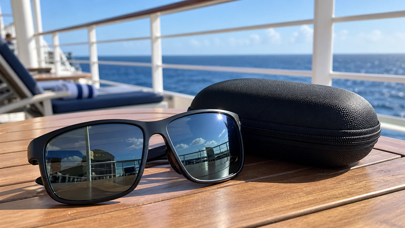 Polarized sunglasses and protective case on a cruise deck table by the sea.