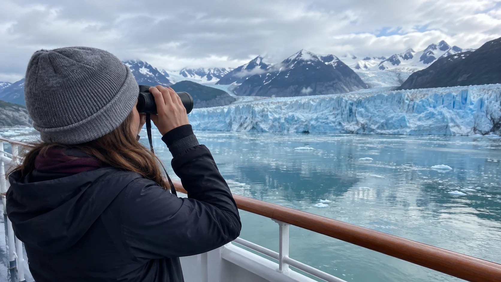 Compact binoculars used to watch a glacier from an outdoor cruise deck.