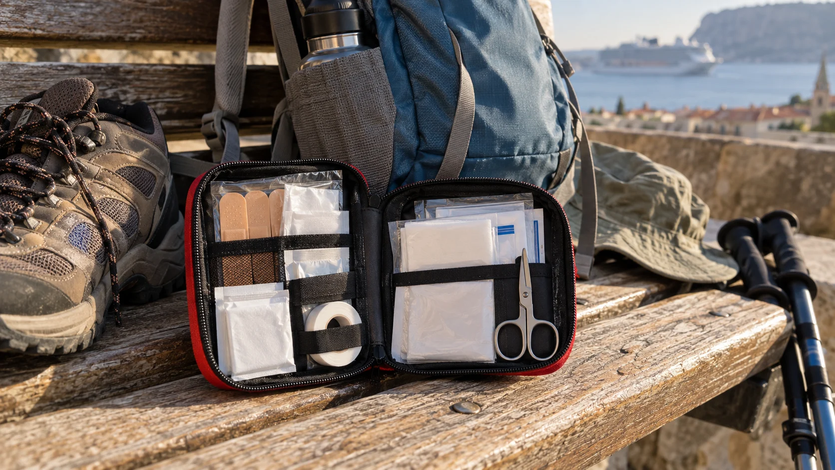 Tiny first-aid organizer open beside hiking gear for a shore excursion.