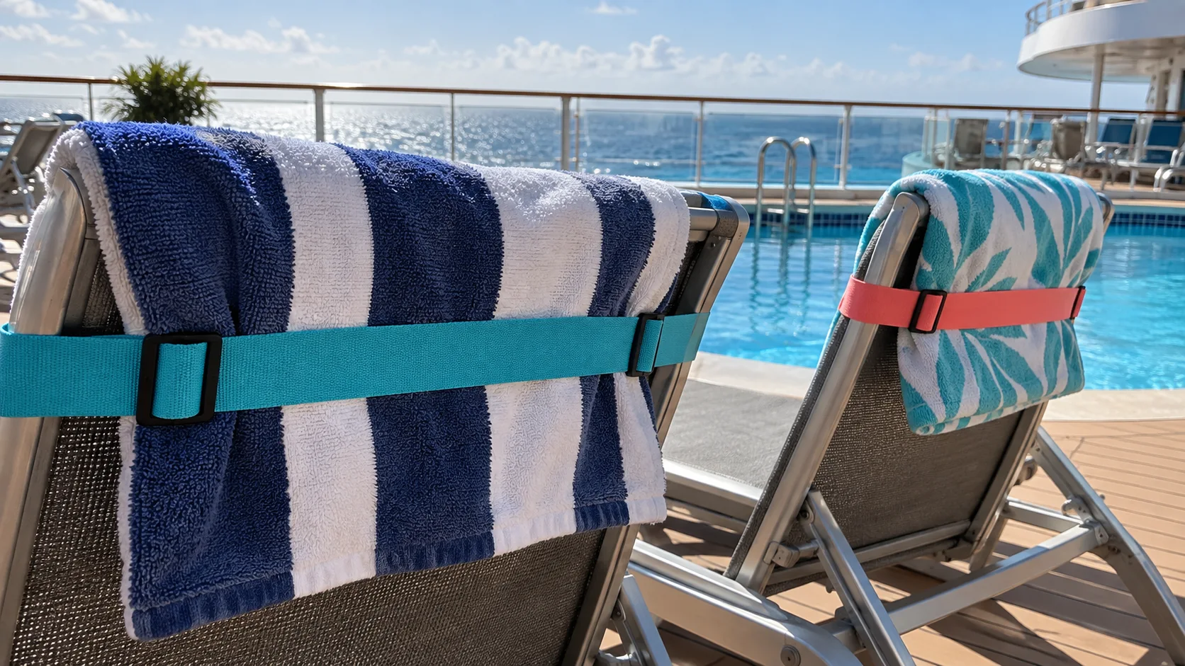 Bright towel bands securing towels to lounge chairs on a breezy cruise deck.