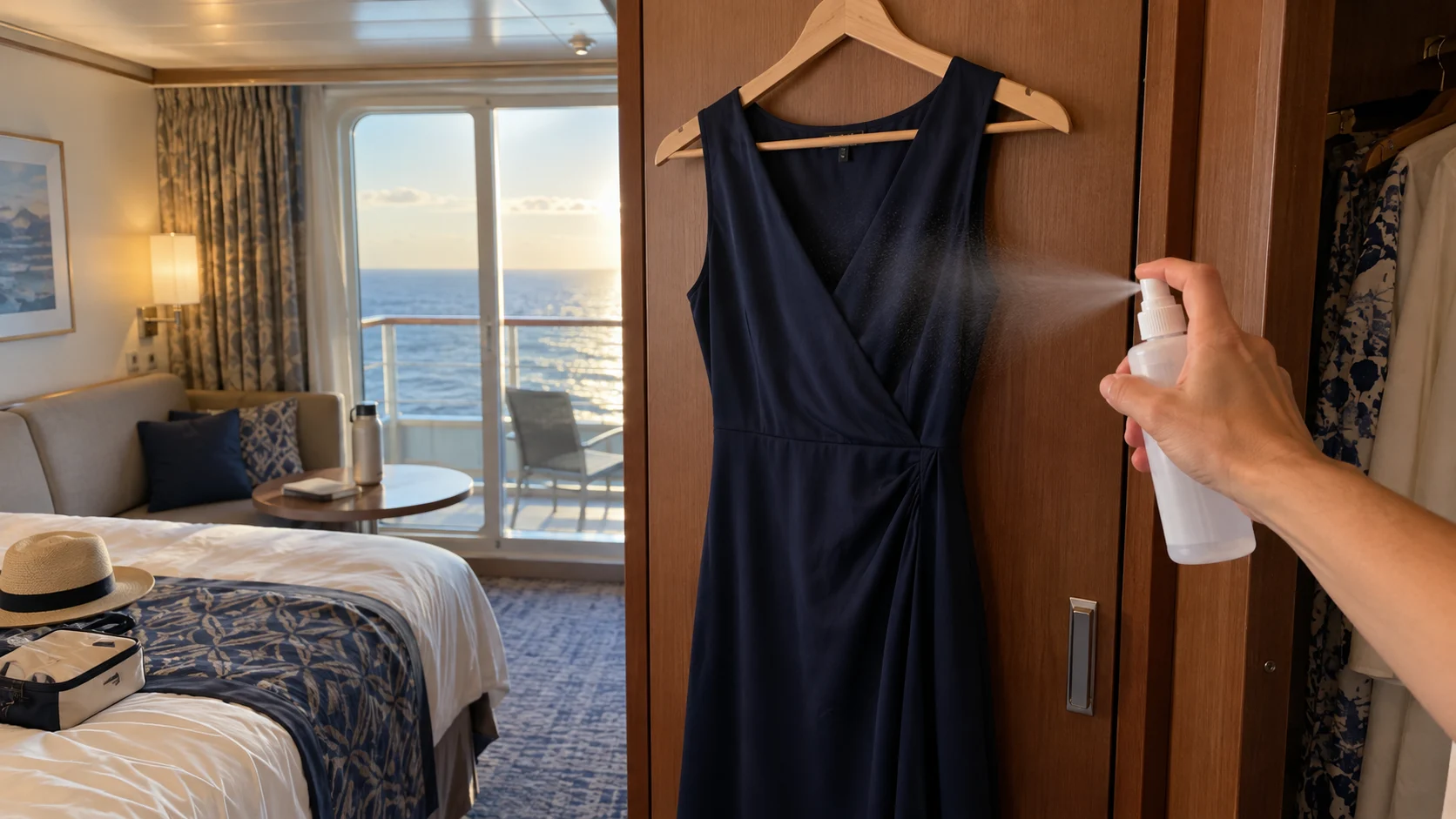 Travel-size wrinkle-release spray beside a hanging dinner outfit in a cabin.