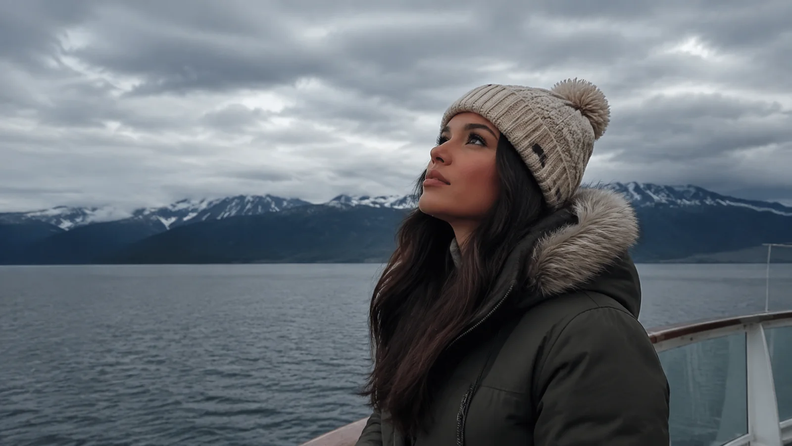 Woman in a knit hat and insulated jacket on deck below an overcast sky.