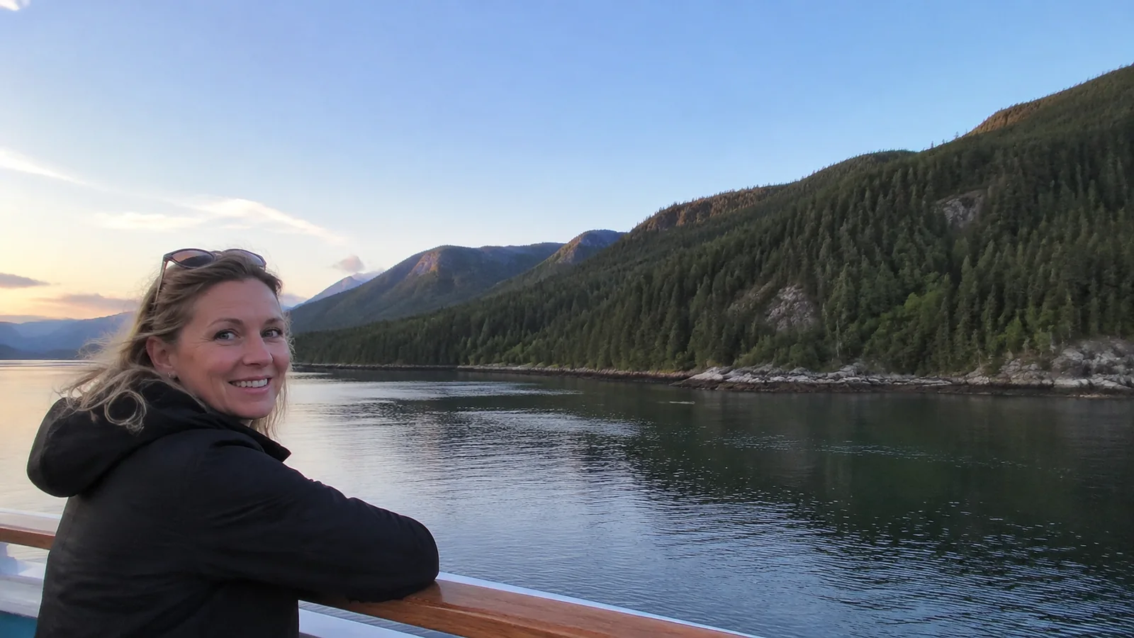 Passenger leaning on a railing beside a calm forested fjord at dusk.