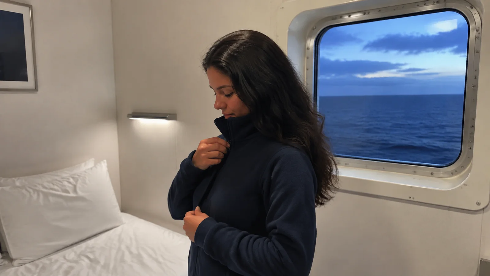 Woman zipping a warm jacket inside an ocean-view cabin.