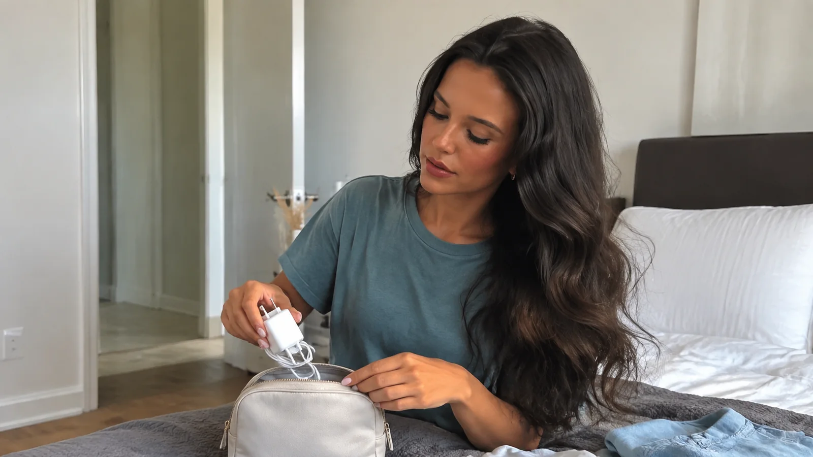 Woman packs a white charger and cable beside a bed.