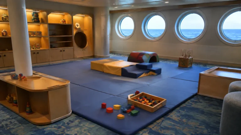 Children's playroom with foam mats, blocks, and round ocean-facing windows.