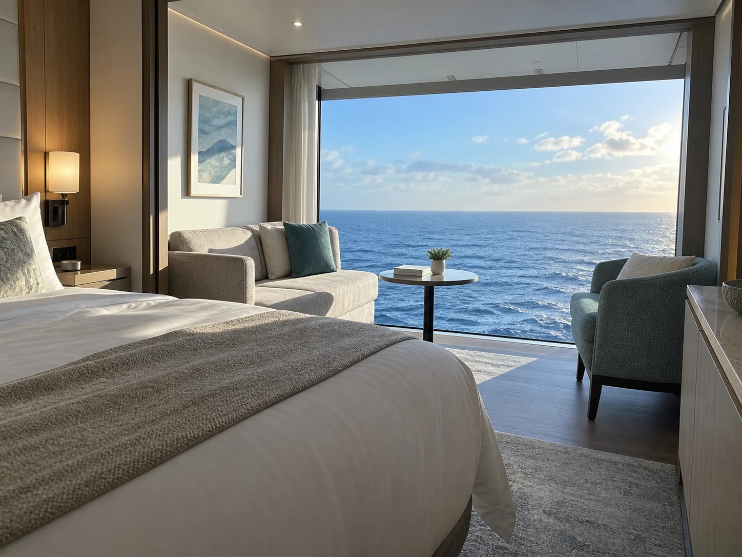 Cruise cabin with an Infinite Veranda window-side seating area open to the ocean air.
