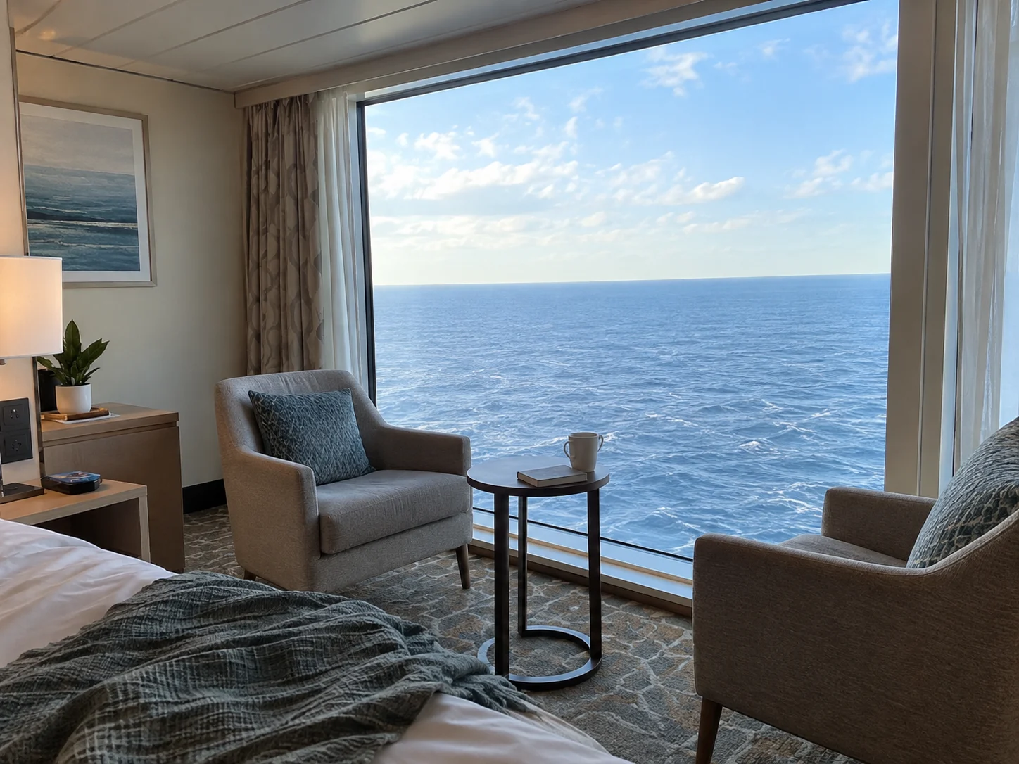 Cruise cabin seating beside a large closed floor-to-ceiling ocean-view window.