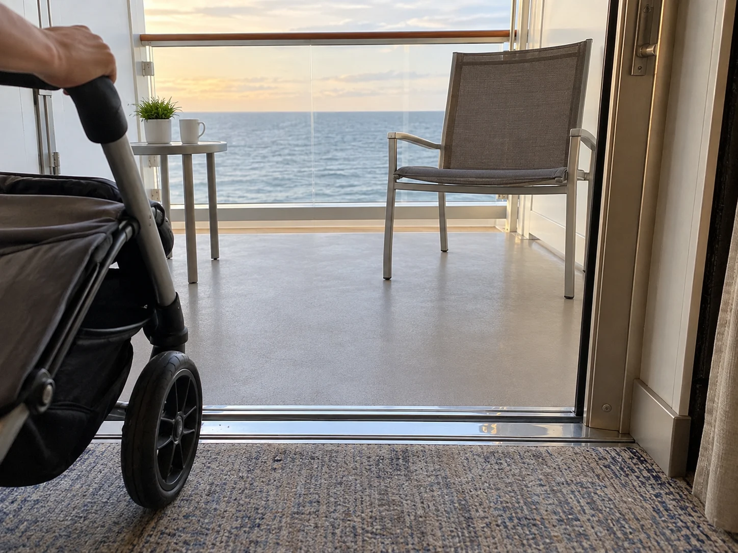 Wide nearly level cruise balcony doorway with space for a stroller to cross.