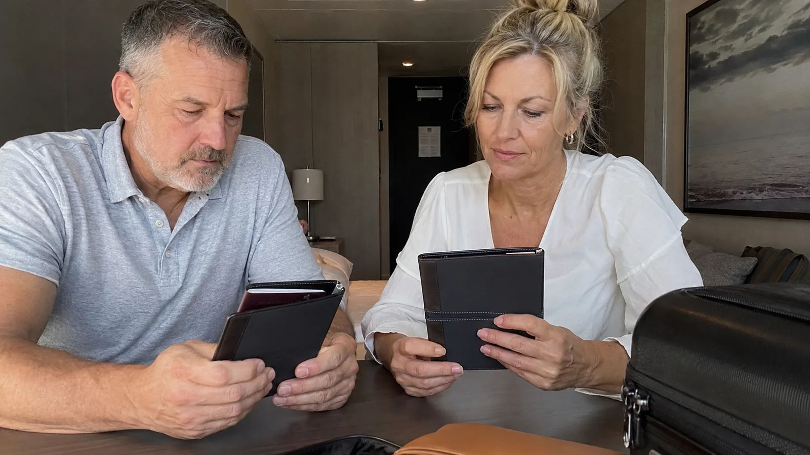 Couple checks dark travel booklets at a table together.