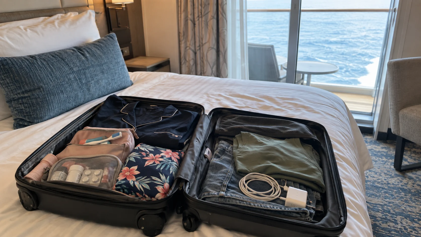 Open carry-on bag on a cruise cabin bed packed with first-night essentials, medication, sleepwear, toiletries, and a swimsuit