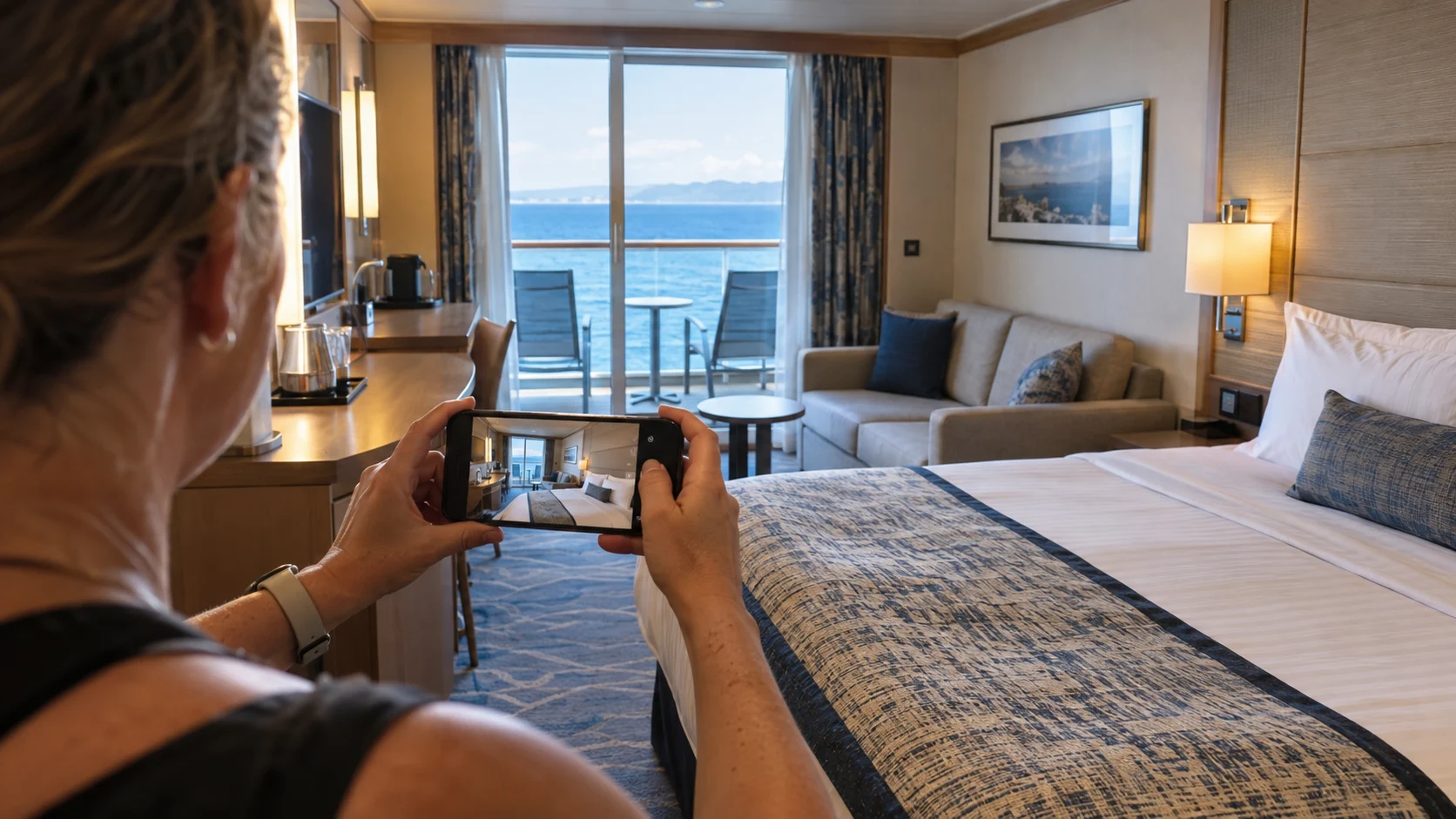 Traveler photographing an empty cruise cabin with a phone before unpacking