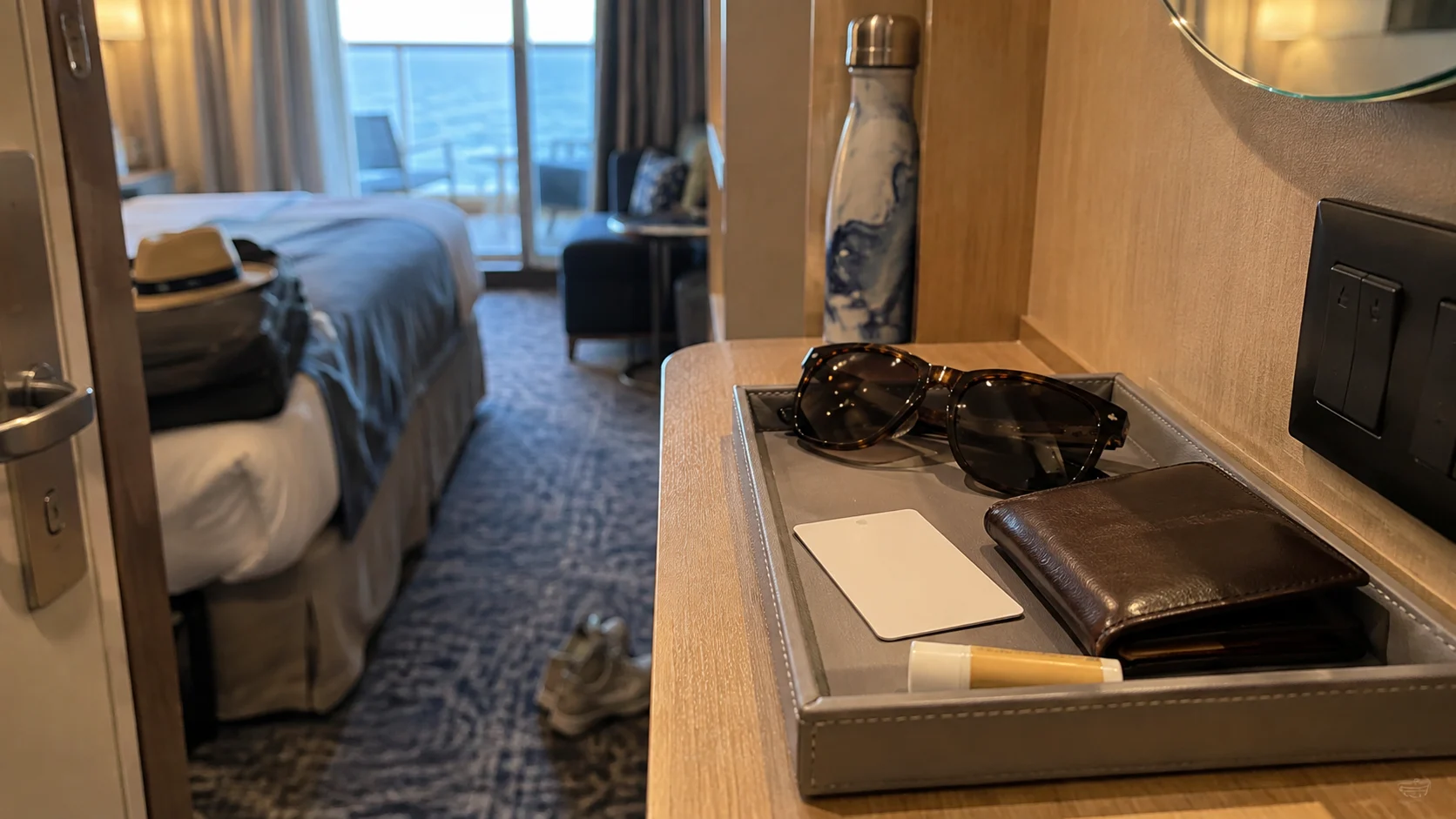 Organized cruise cabin drop zone with key card, sunglasses, wallet, and small tray