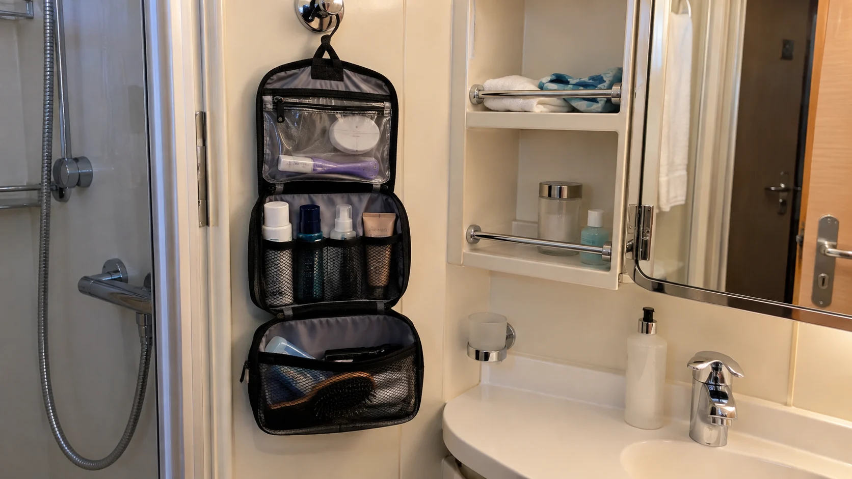 Hanging toiletry organizer arranged neatly inside a compact cruise cabin bathroom