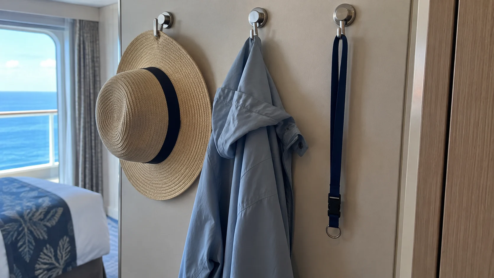 A few magnetic hooks holding hats and light layers on a cruise cabin wall