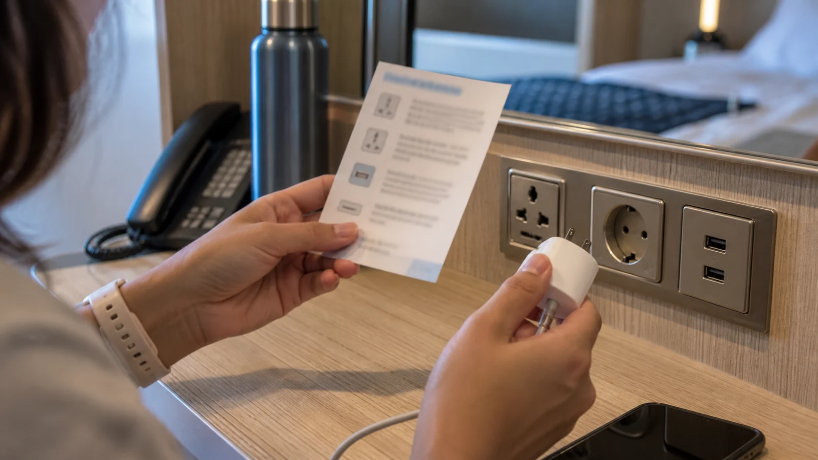 Cruise traveler checking the cabin electrical guidance beside the available outlets