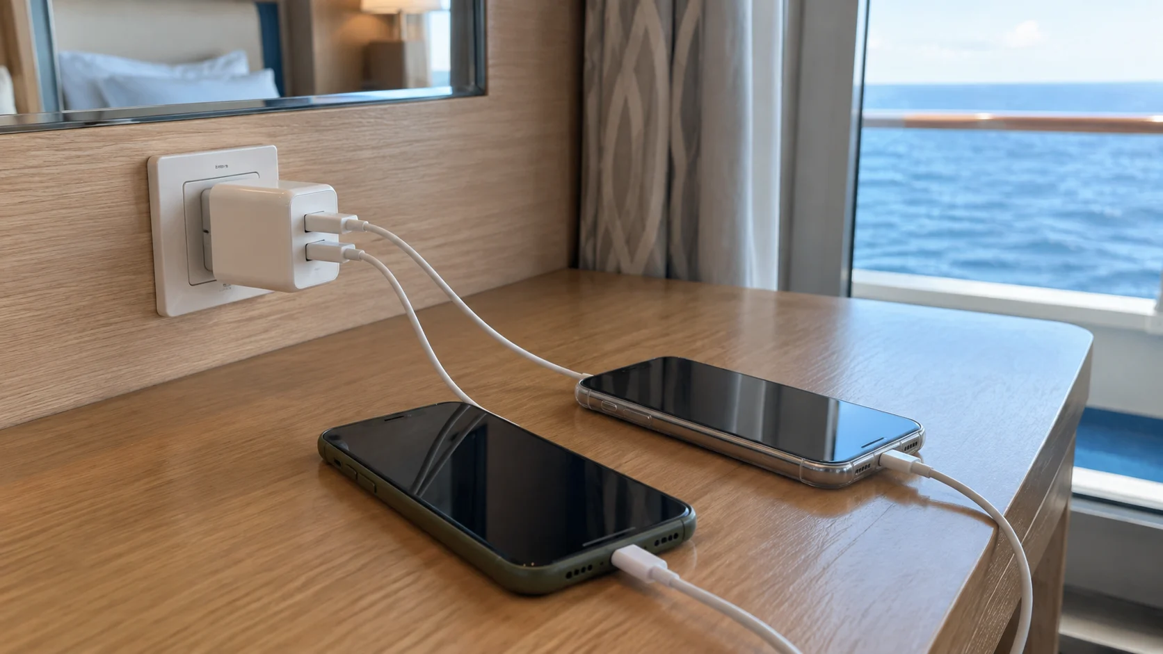 Approved compact multiport USB charger powering phones on a cruise cabin desk