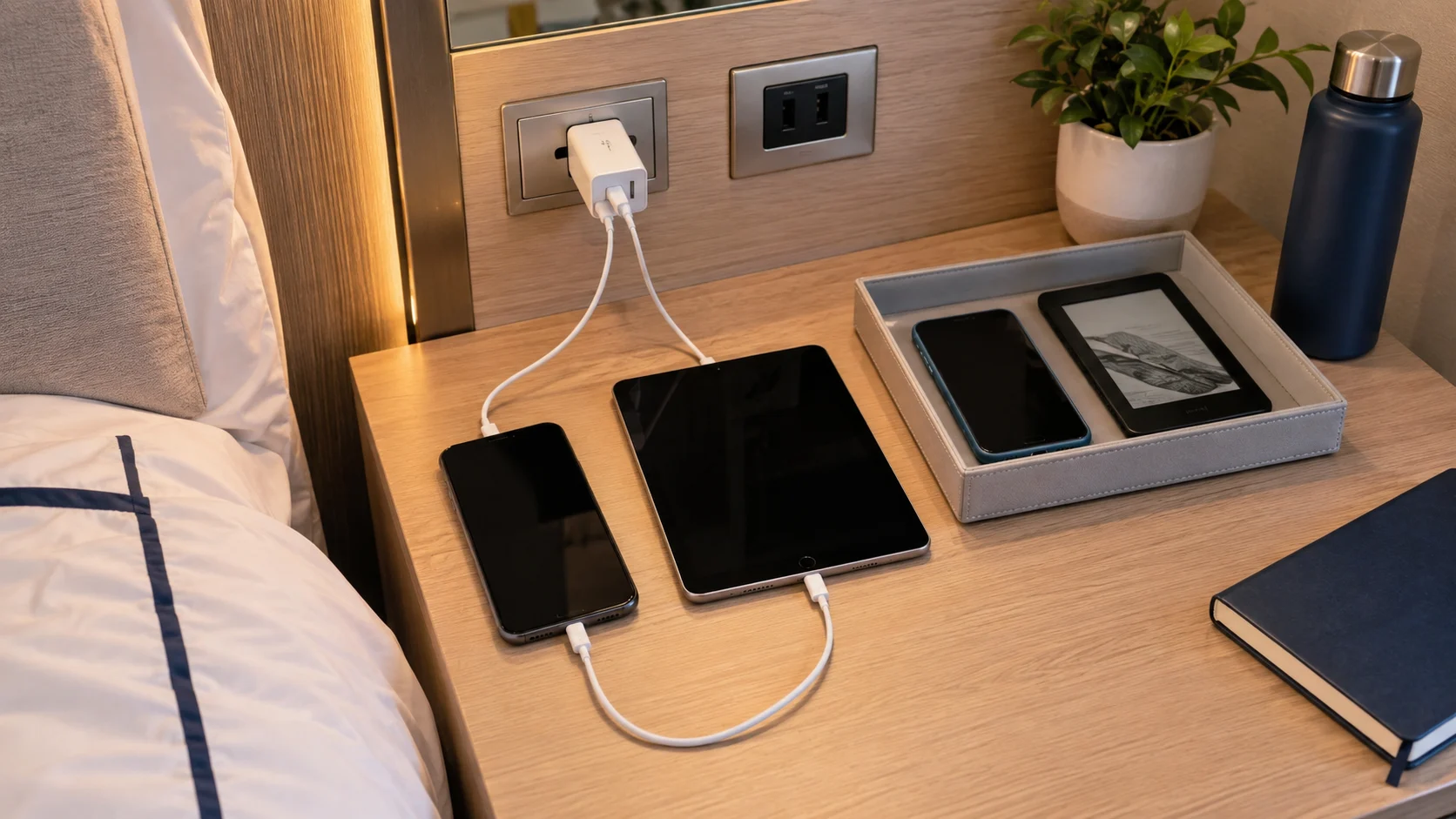 Two phones charging while other devices wait neatly in a cruise cabin charging rotation