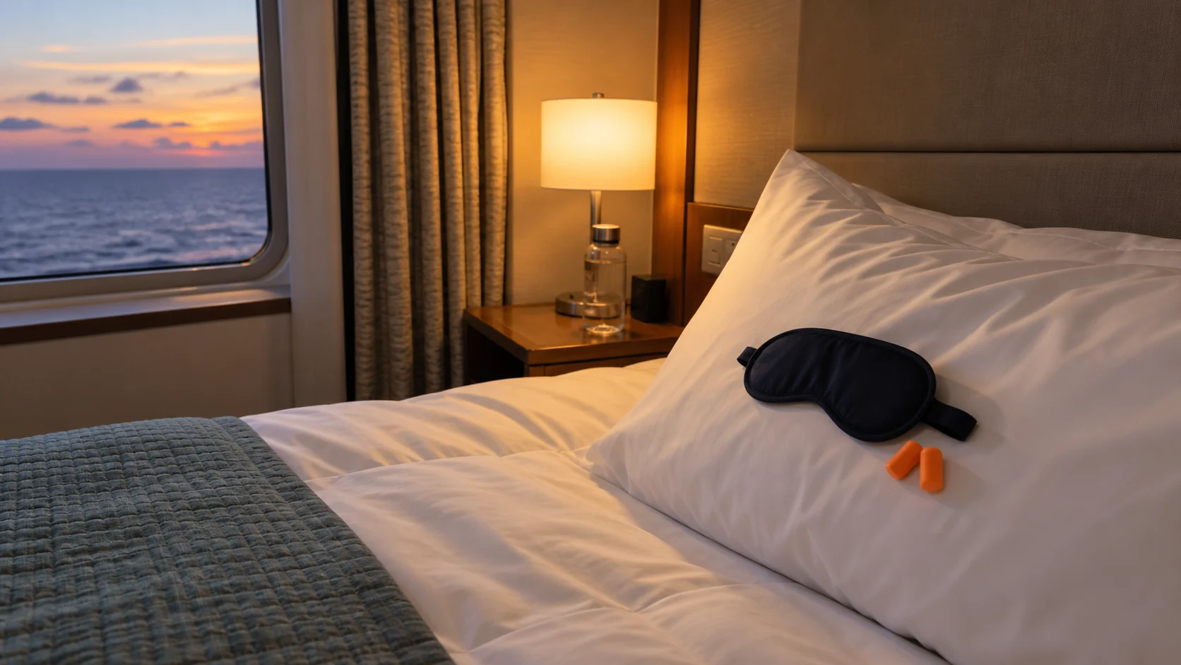 Sleep mask and earplugs placed on a neatly turned-down cruise cabin bed