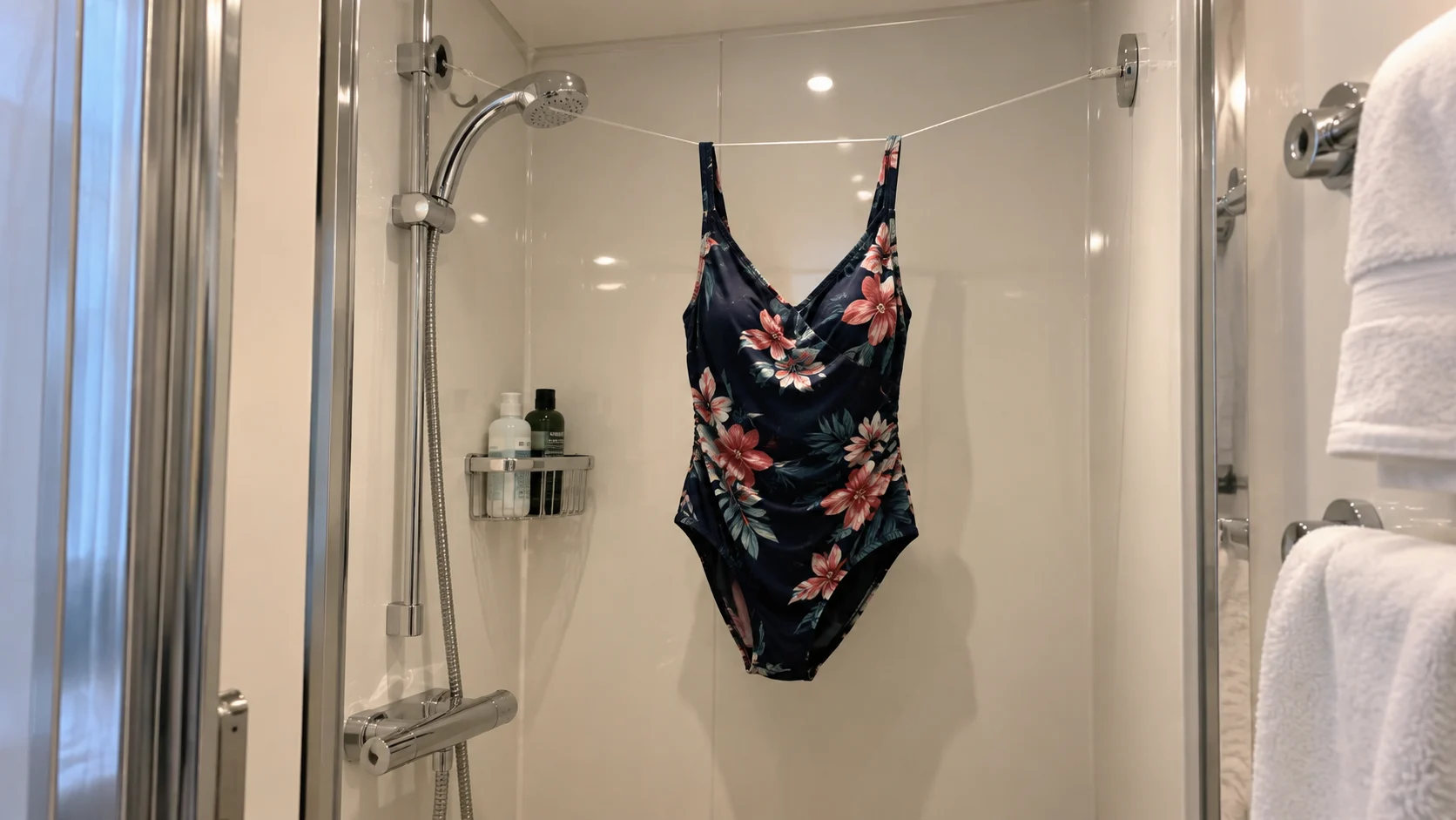 Swimsuit drying carefully on the built-in line inside a cruise cabin shower