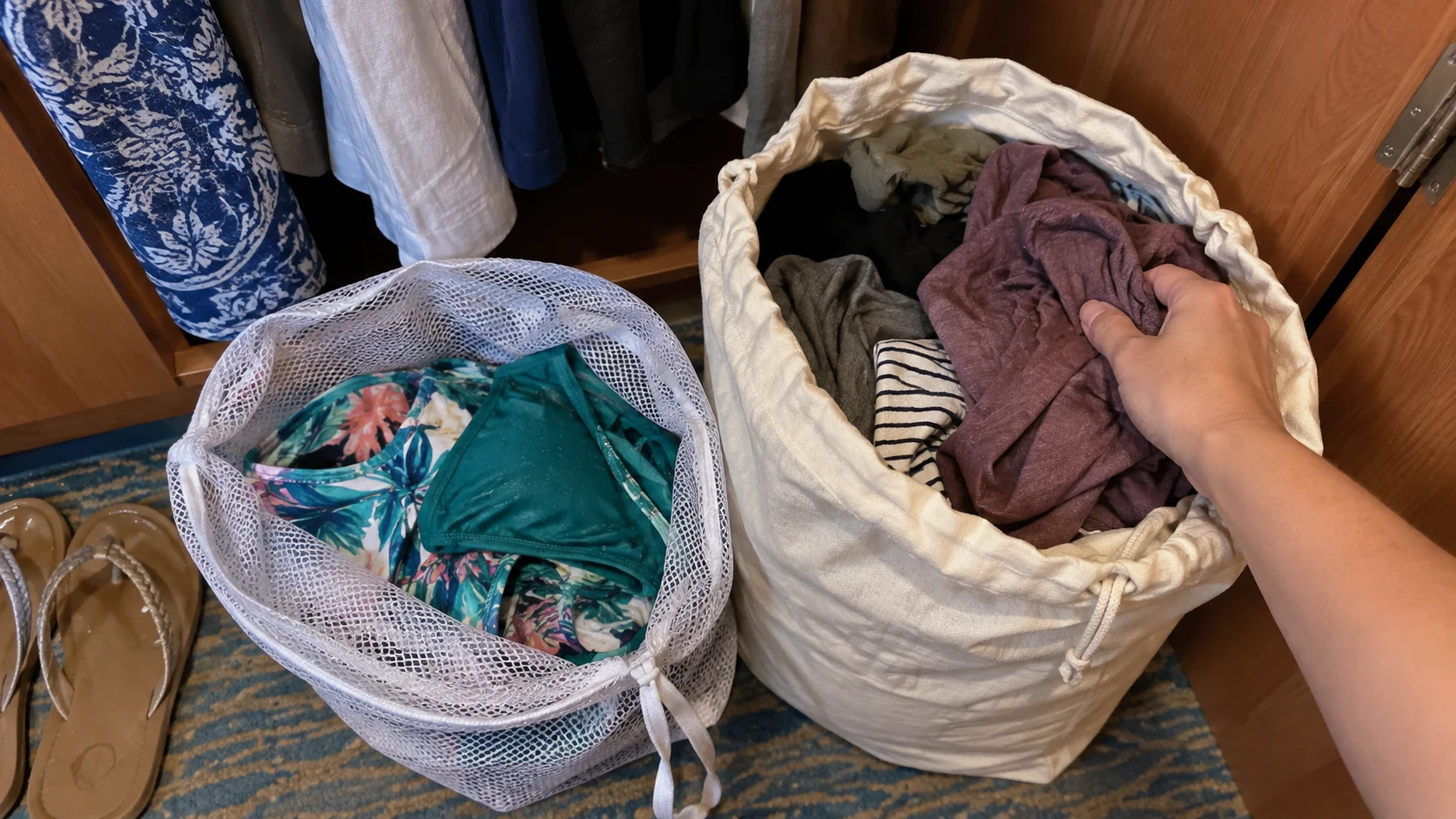 Separate breathable bags for damp swimwear and dirty clothes in a cruise cabin closet
