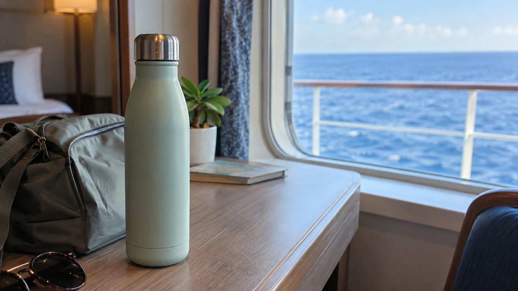 Refillable water bottle ready on a tidy cruise cabin desk