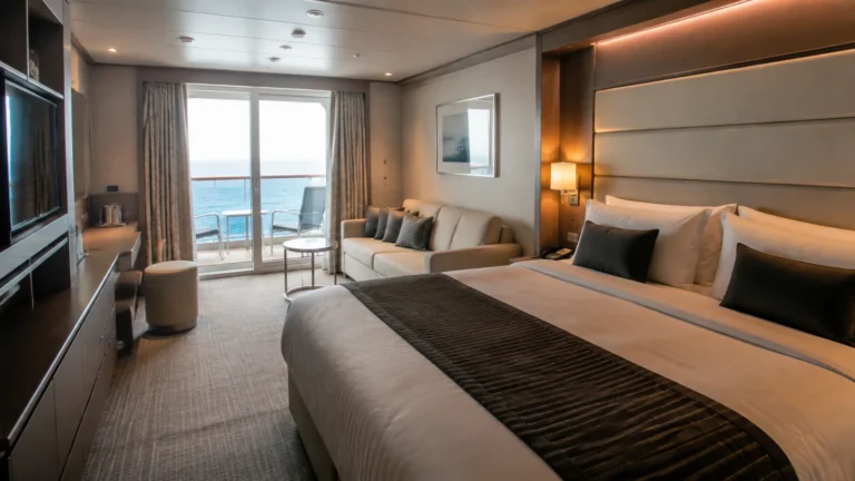 Cruise stateroom with a large bed, sofa, and ocean balcony.