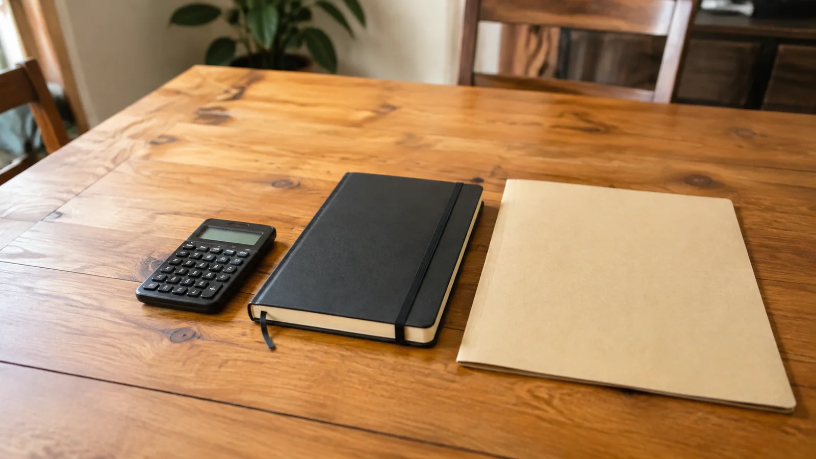 Calculator, dark notebook and tan folder lie on a wooden table.