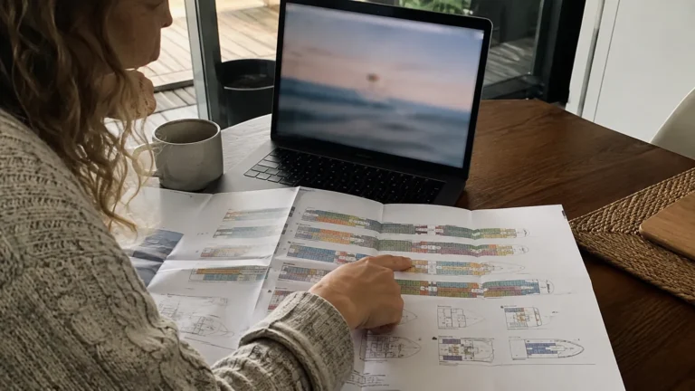 Woman pointing to a printed cruise ship deck plan beside a laptop