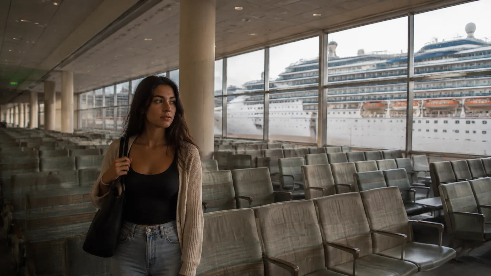 Woman stands in an empty terminal with a cruise ship outside.