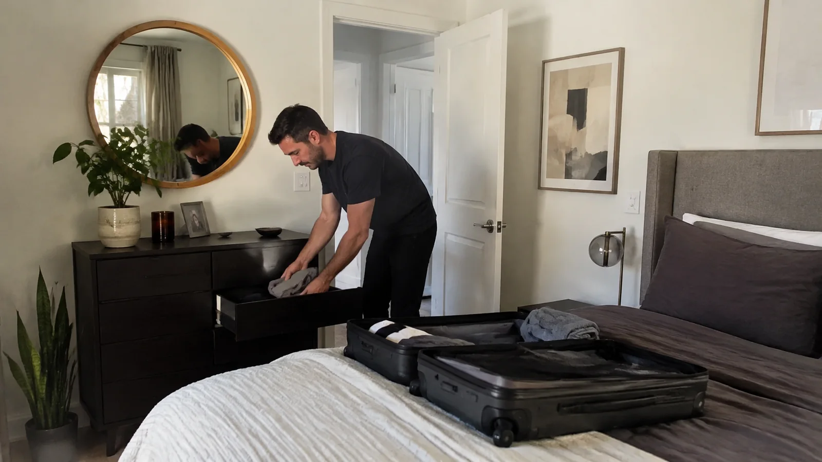 Man folds clothing beside an open suitcase in a bedroom.