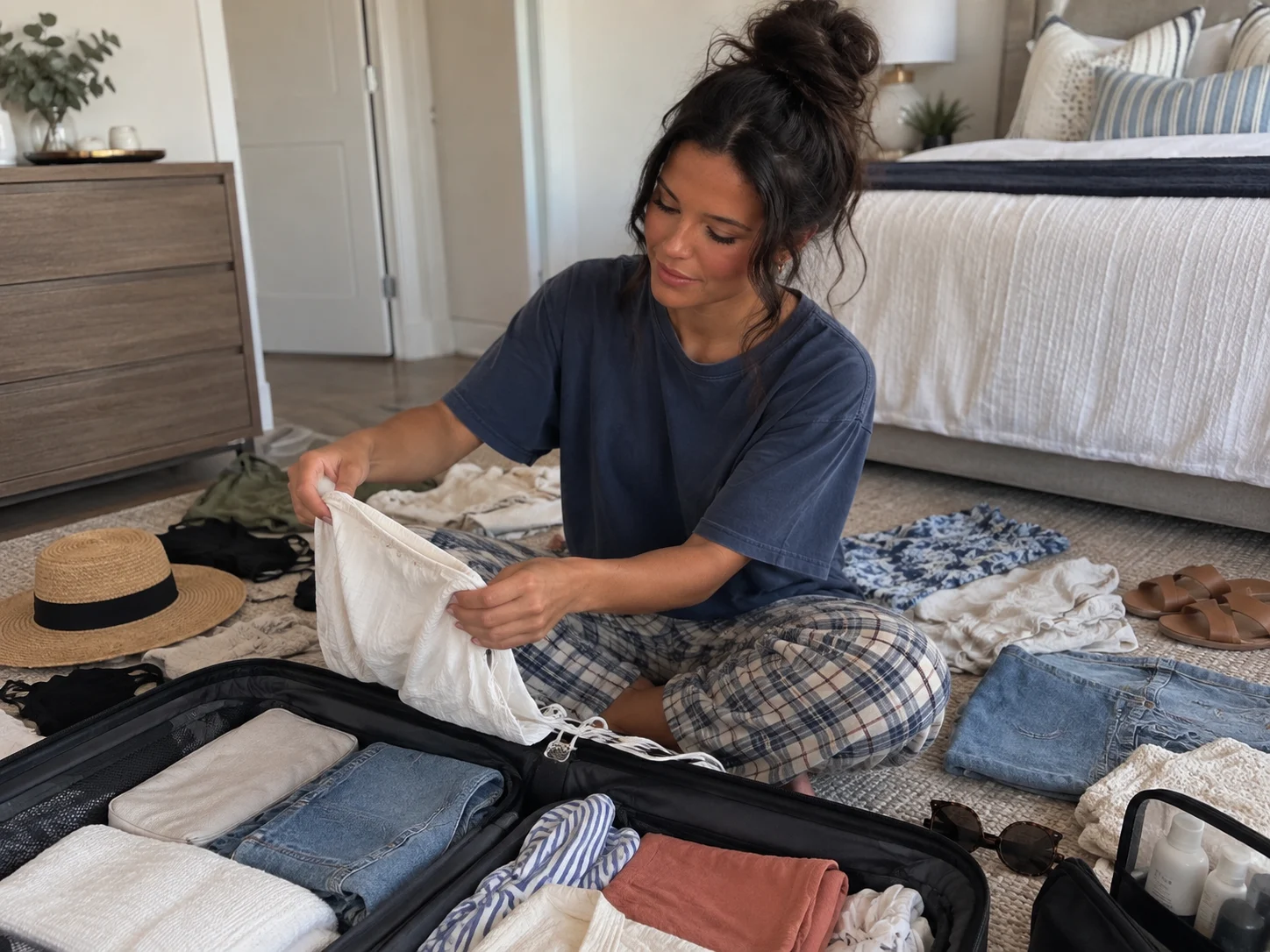 Ellie sorts practical cruise outfits beside an open suitcase before packing.