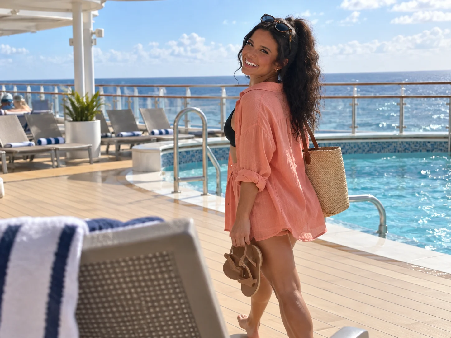 Ellie carries sandals beside a cruise pool in a warm-weather outfit.
