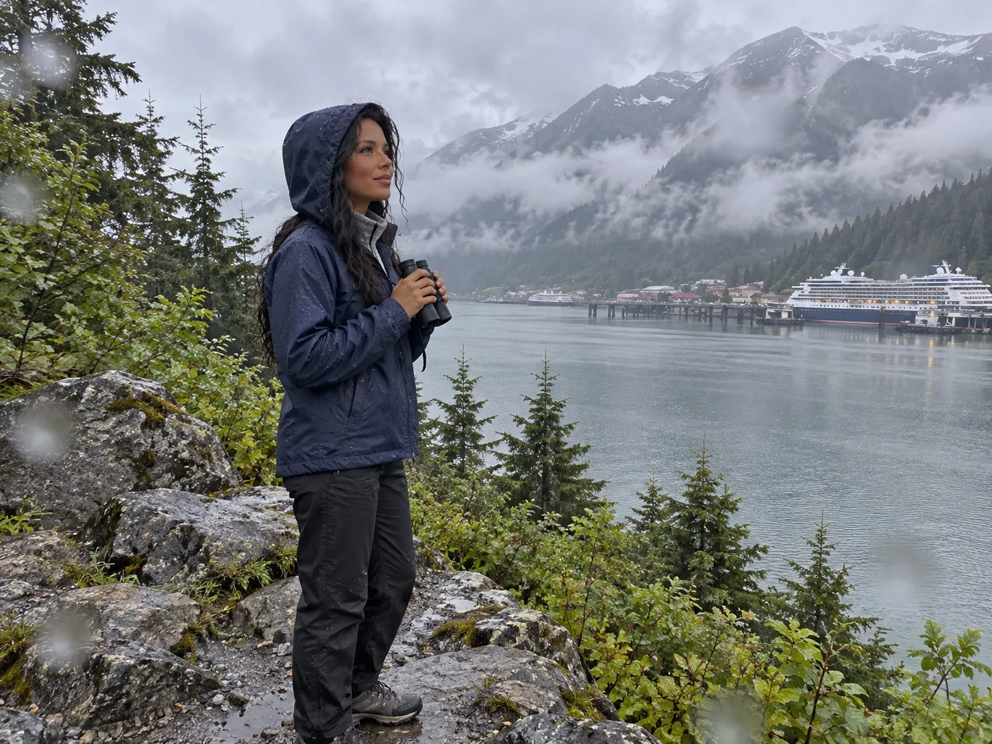 Ellie wears waterproof layers during a rainy Alaska cruise excursion.