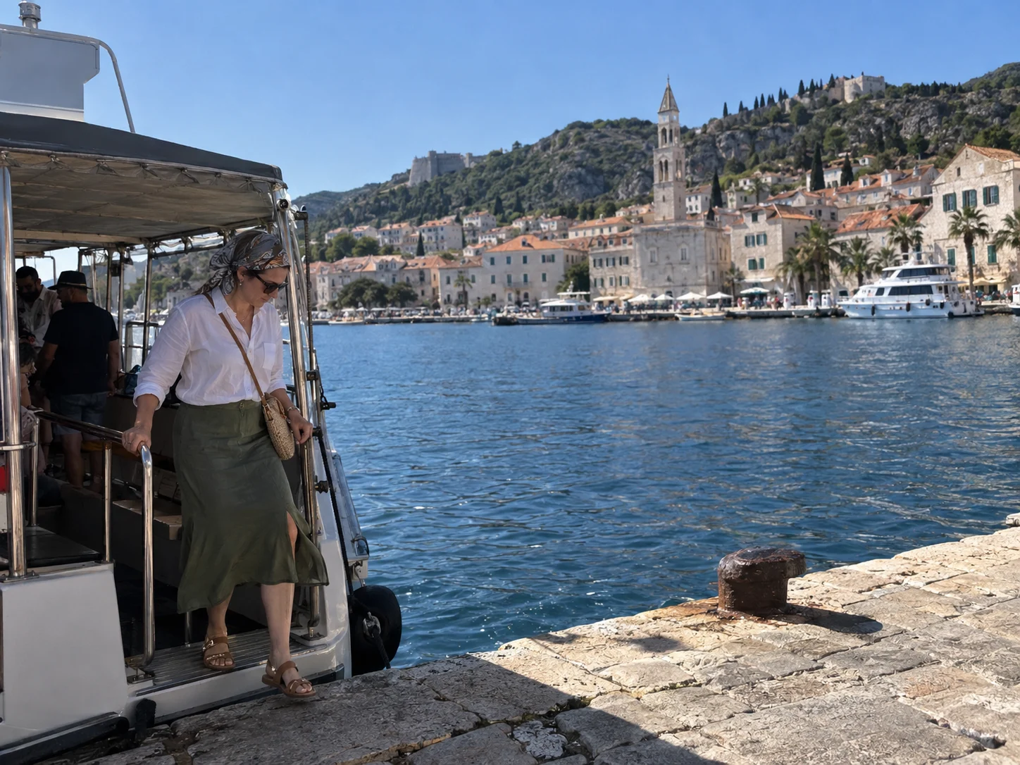 A traveler wears breathable linen clothing and walking sandals at a Mediterranean port.