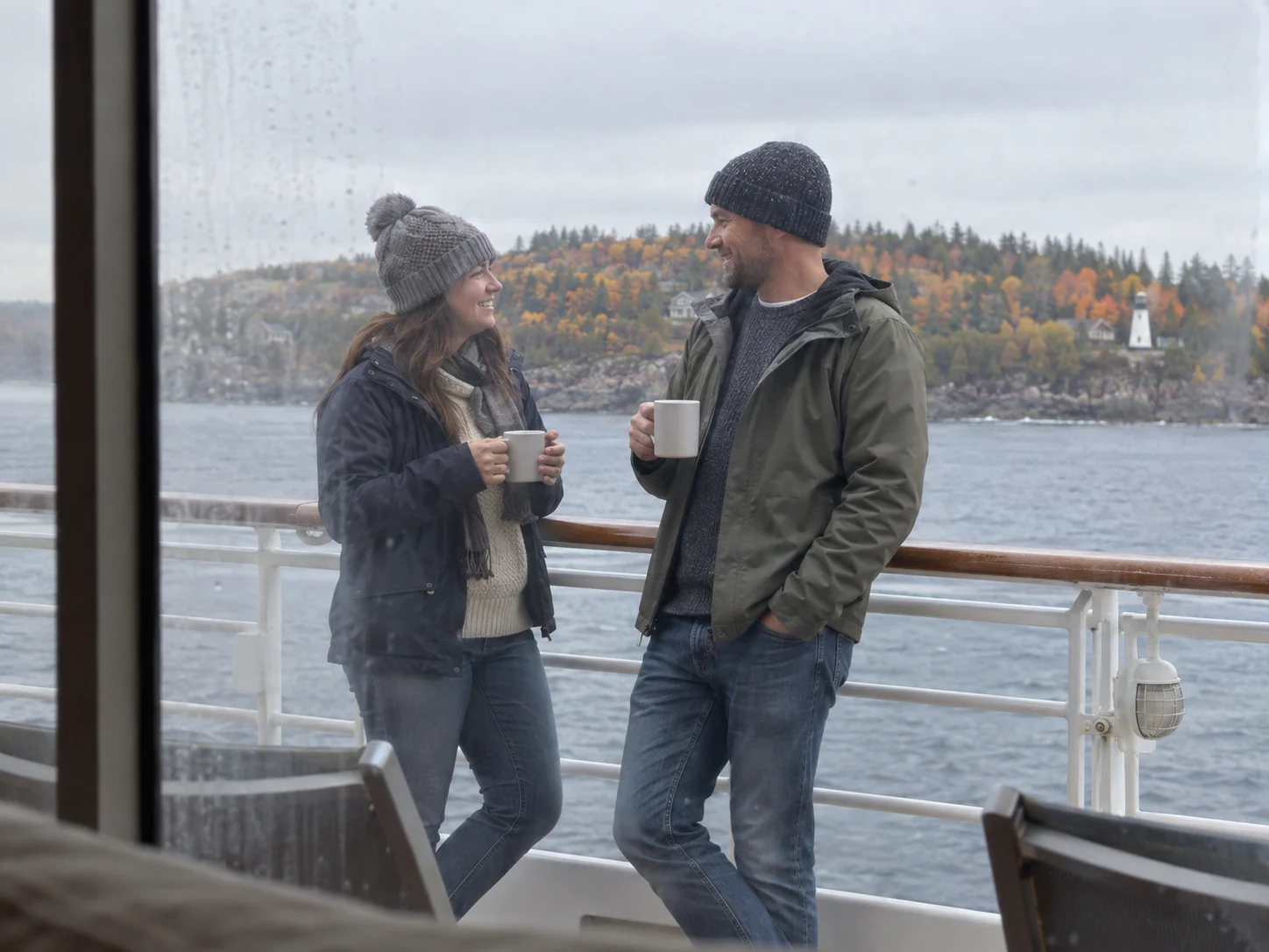 Travelers wear sweaters and light jackets on a cool autumn cruise deck.