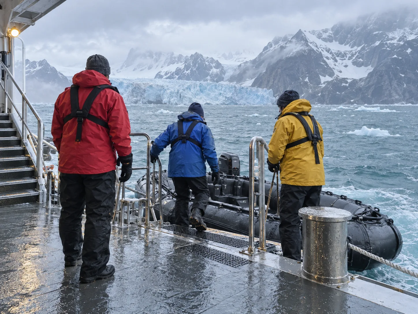 Travelers in waterproof expedition gear prepare to board a small boat.
