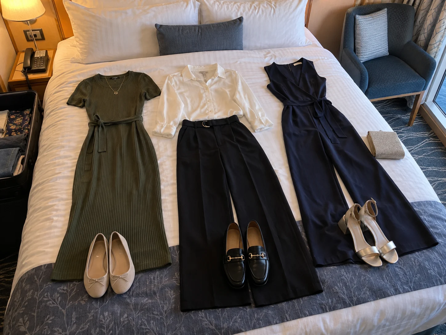 Three cruise dinner outfits are arranged on a cabin bed.