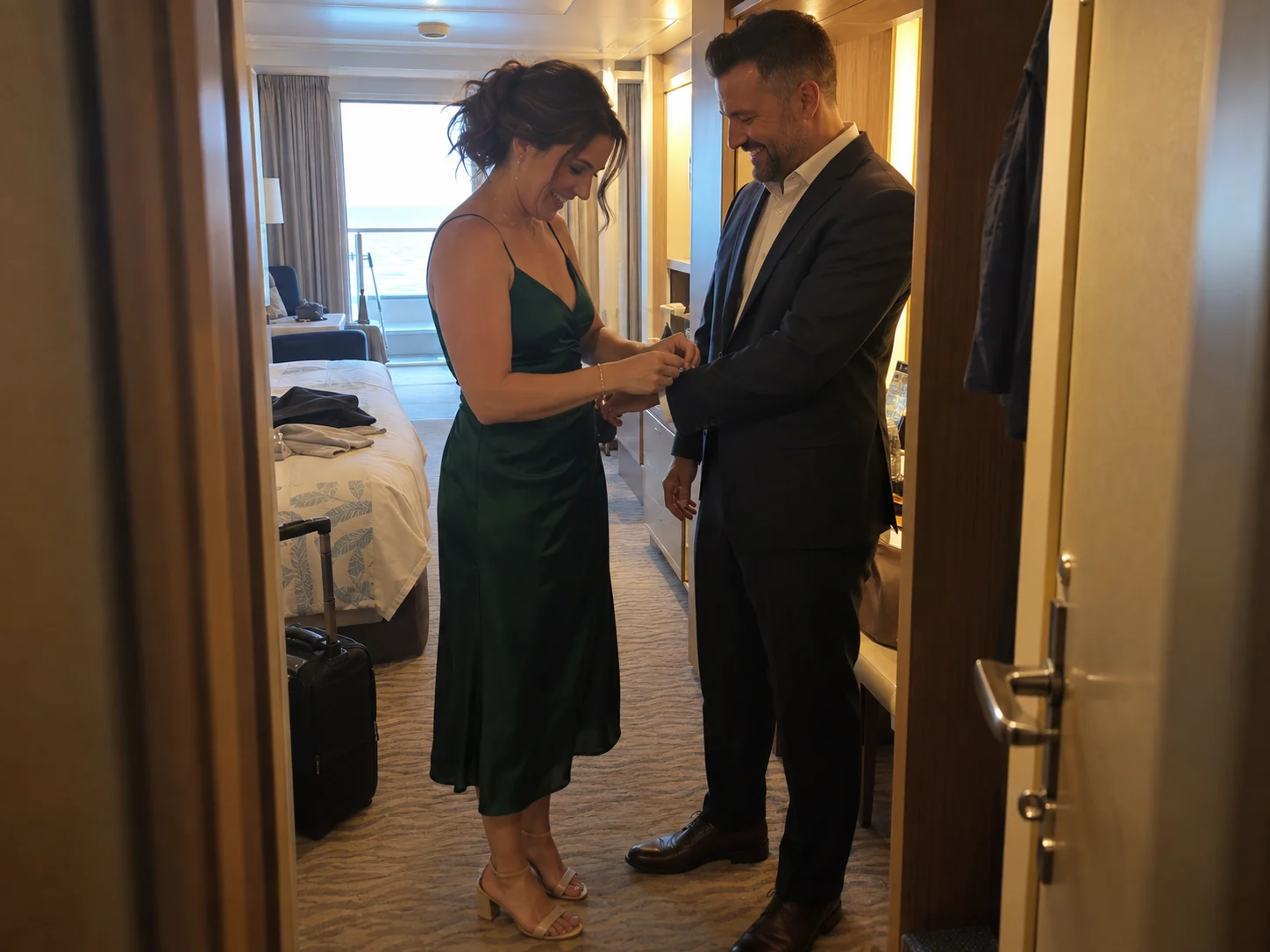 A couple adjusts a sleeve before leaving their cabin for formal-night dinner.