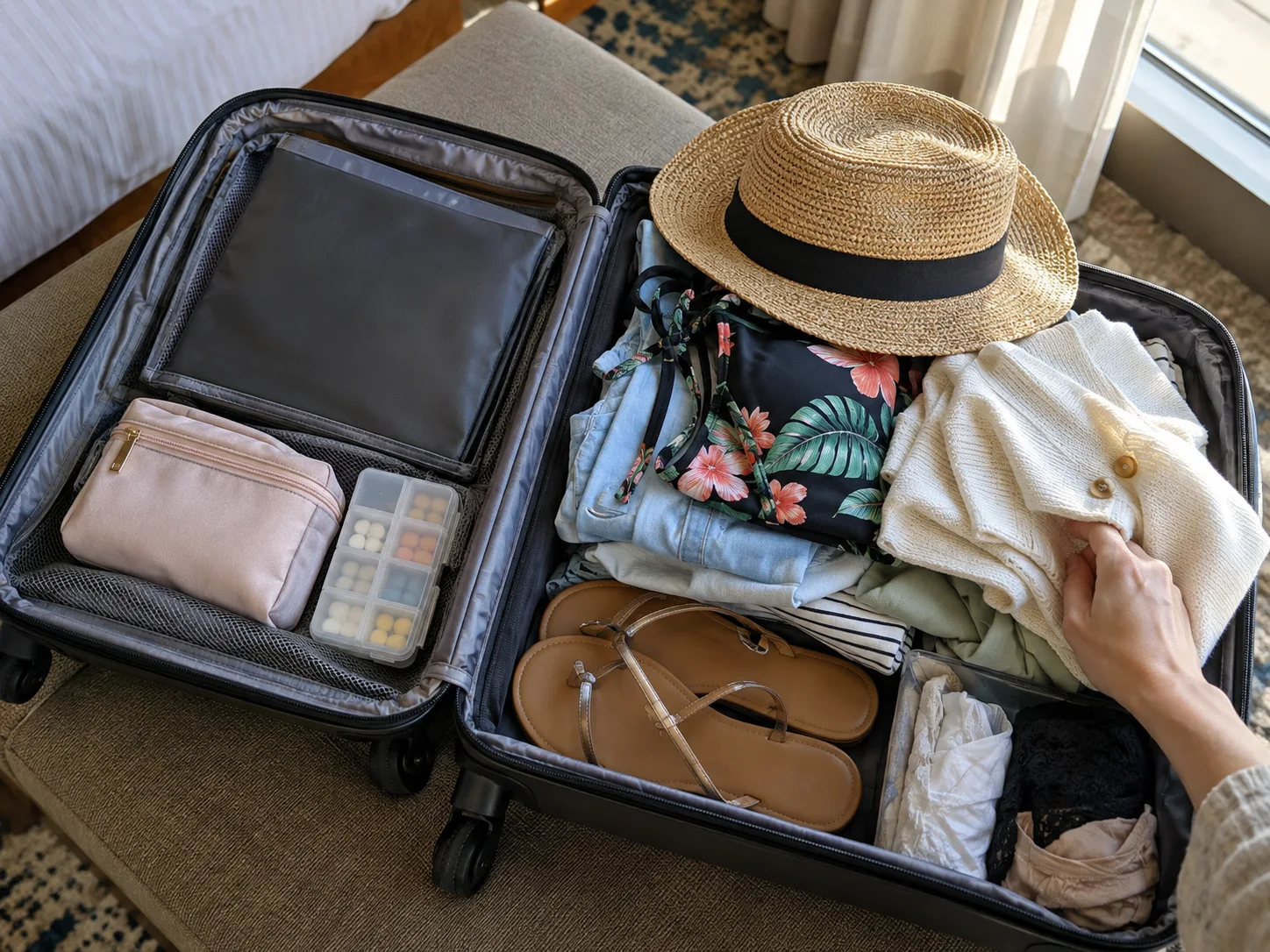 A cruise carry-on contains a swimsuit, clothing, sandals and essential pouches.