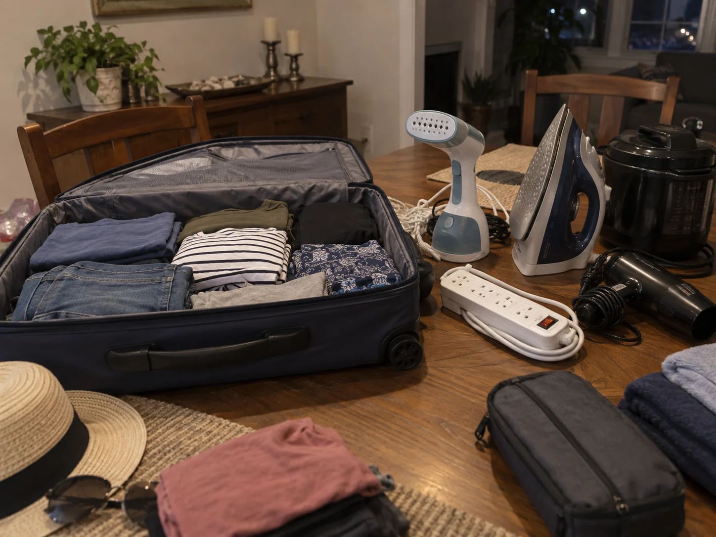 Restricted heating appliances are set aside outside an open cruise suitcase.