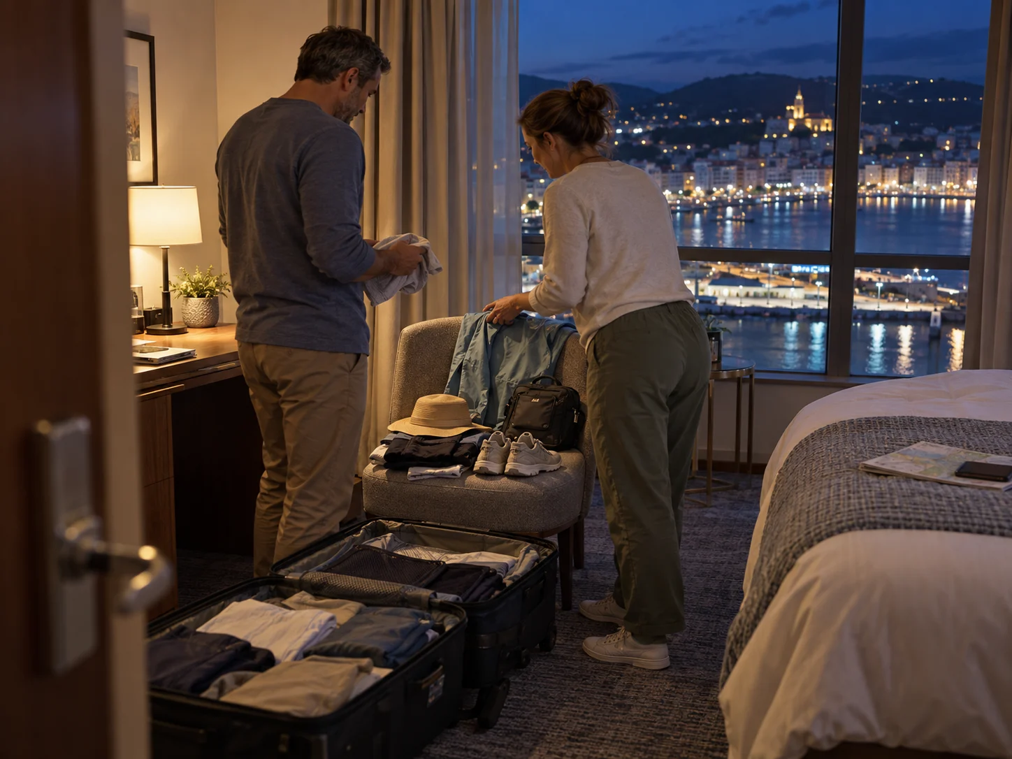 Travelers check their embarkation outfits in a port hotel the night before sailing.