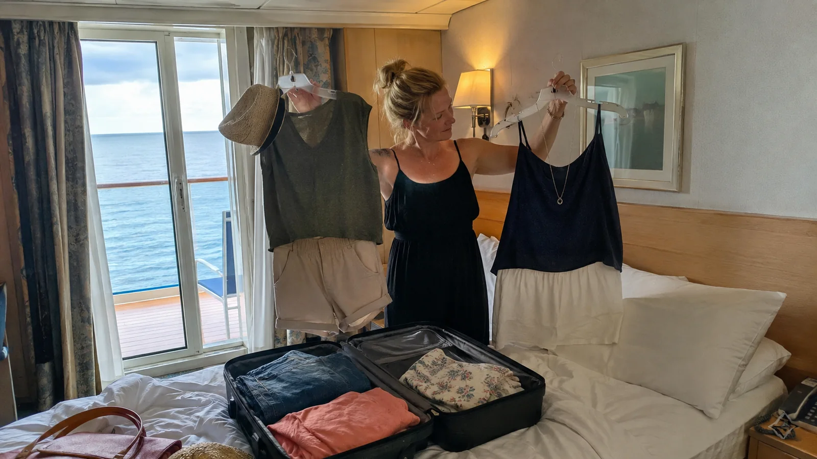Passenger comparing two outfits beside an open suitcase in a balcony cabin.
